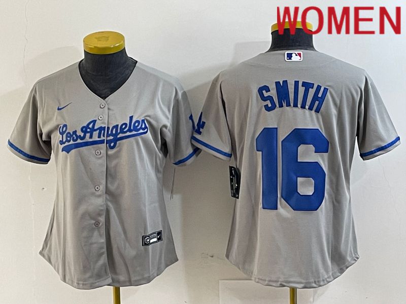 Women Los Angeles Dodgers 16 Smith Grey Game Nike 2024 MLB Jersey style 1